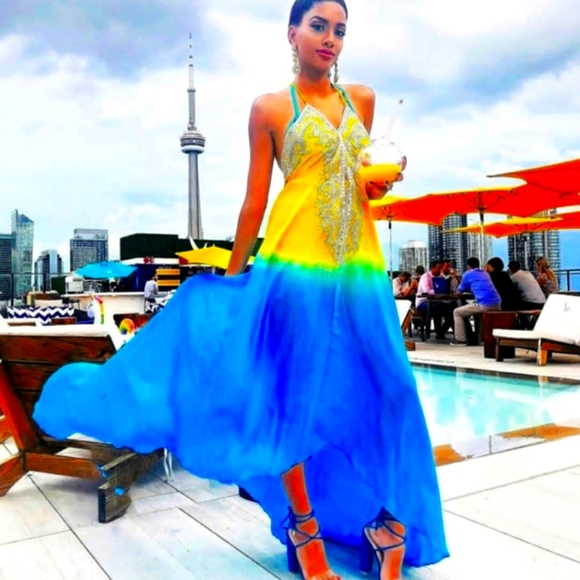 *LAST ONE*MANISH VAID- LIME Grn & Blue TIE Dye SILK Hi-Lo Cry. DRESS-NWT-O/S - Picture 3 of 9